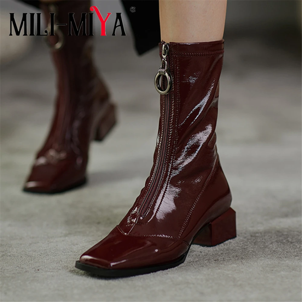 MILI-MIYA Fashion Square Toe Solid Color Women Patent Leather Ankle Boots Stretch Microfiber Shaft Zipper Thick Heels Handmade