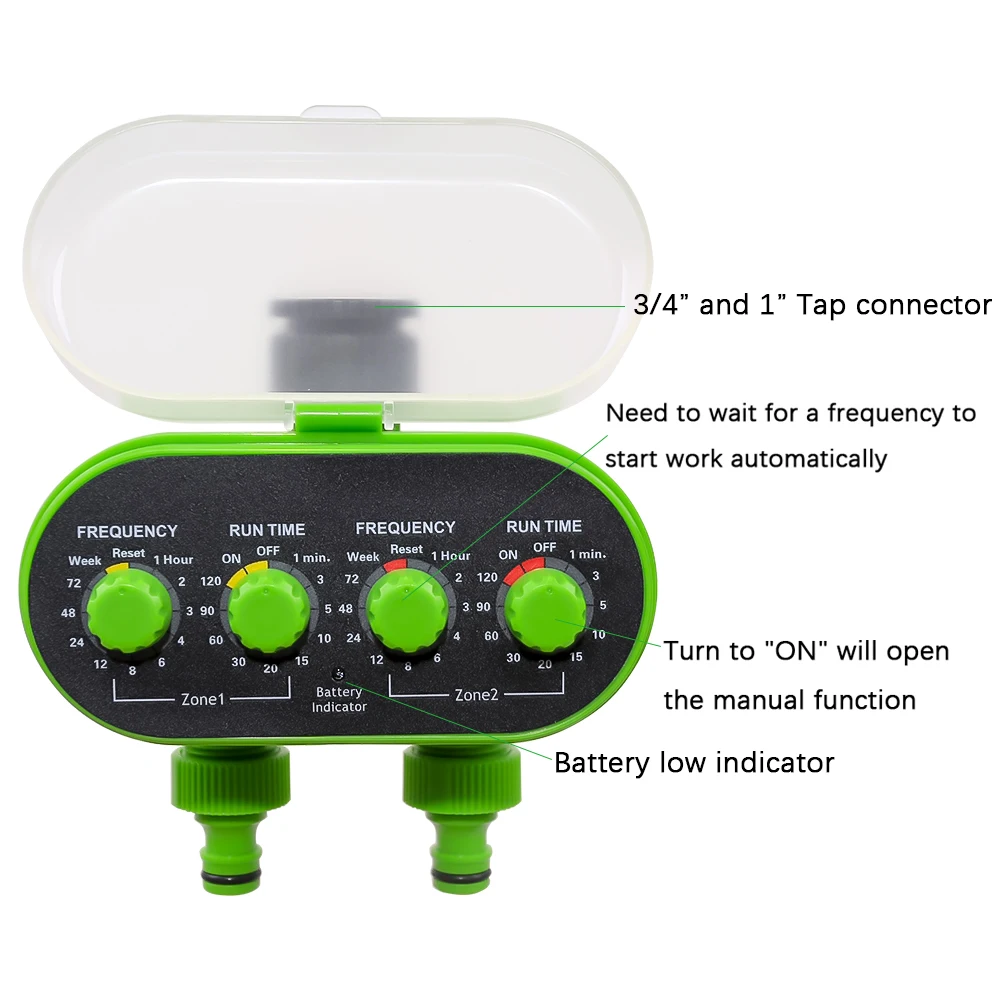 Automatic Ball Valve Tap Water Timer Two Outlet Electronic Battery Operated Garden Water-proof Irrigation Controller Green