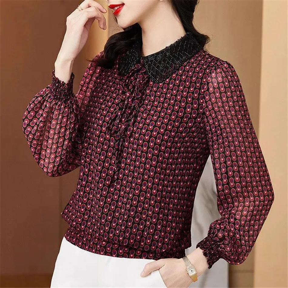 Spring Autumn Women Dots Print Chiffon Shirits Blouses Long Sleeve Doll Collar Casual Ladies Elegant Tops Blusas MM1503