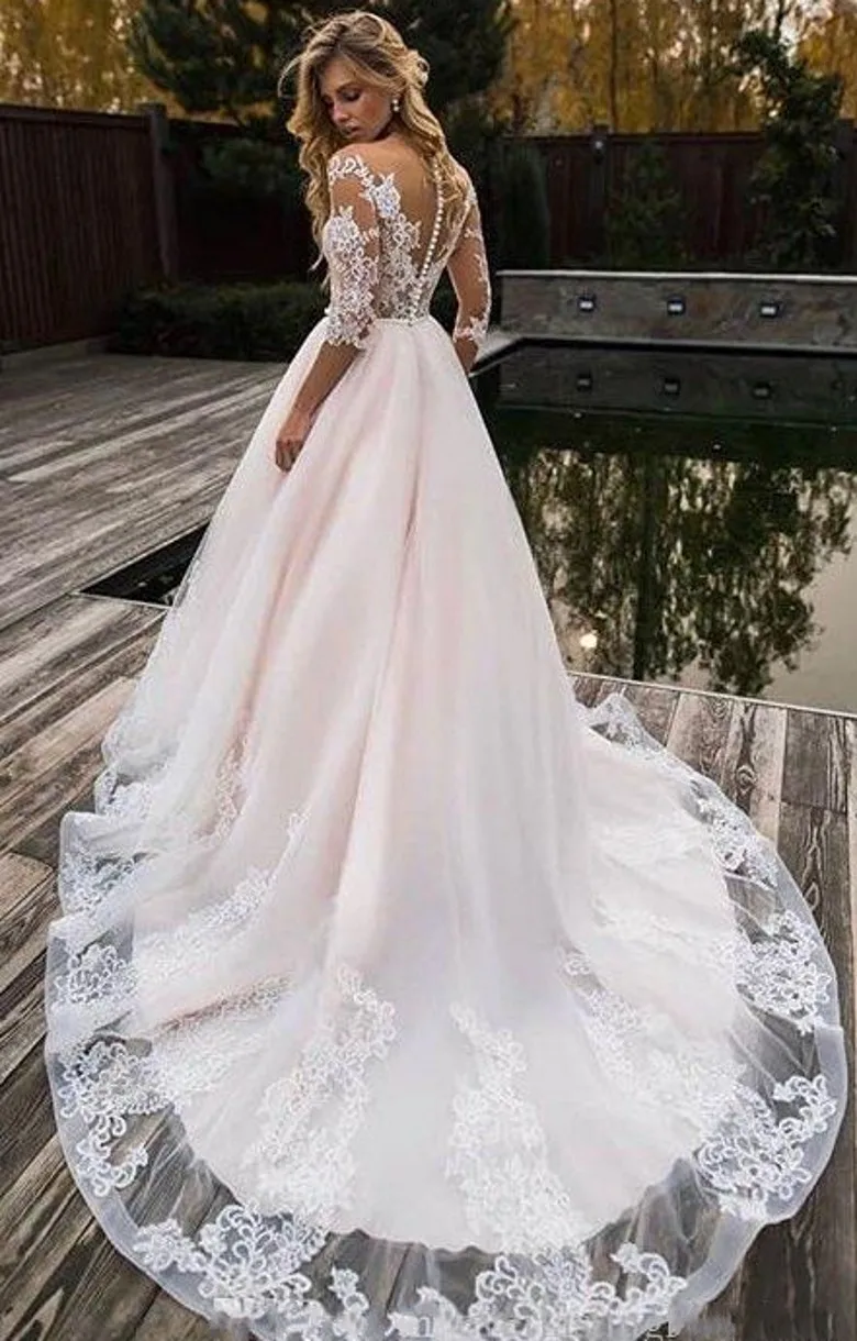 시어넥 웨딩드레스 하프 슬리브 웨딩 가운 베스티도 데 노비아 2025 레이스 브라이덜 가운 트루쥬르켄 마리아쥬 로브