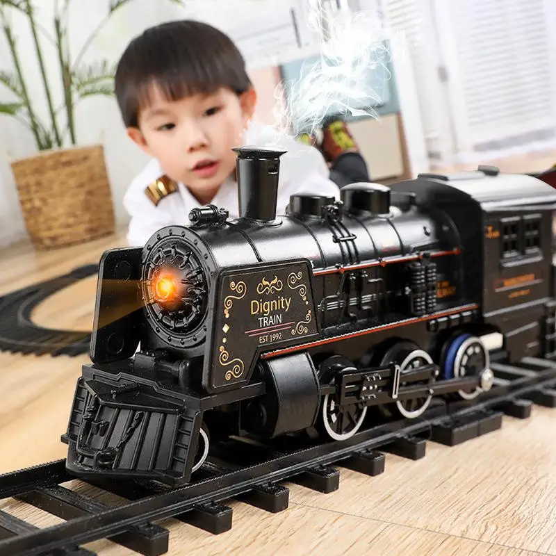 1:43 Scale Die Casting Smoke Simulation Electric Train Toy Rails Dynamic Steam Train Model Railway Set Car Circuit Kids Toys