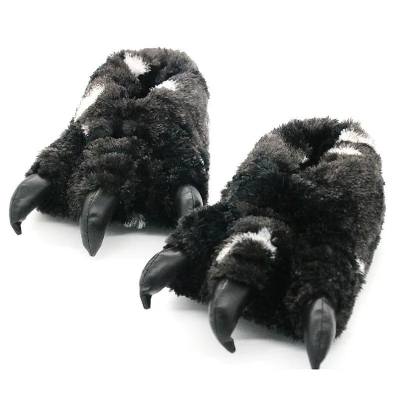 Black furry fur slippers men unisex chunky bigfoot shoes 2024 creative slip on bear paw slippers couples plush indoor shoes