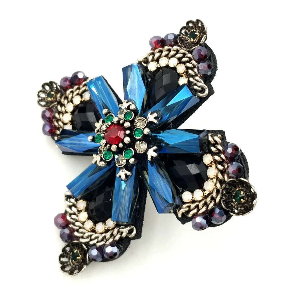 Retro Vintage Dark Blue Crystal Rhinestone Cross Style Flower Brooches Gold Tone Faceted Four Petal Flower Pins for Women Suit