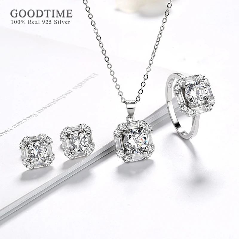 Luxury Pure 925 Sterling Silver Bridal Jewelry Sets Square Zircon Necklace Earrings Ring Set Accessories Gift For Women Party