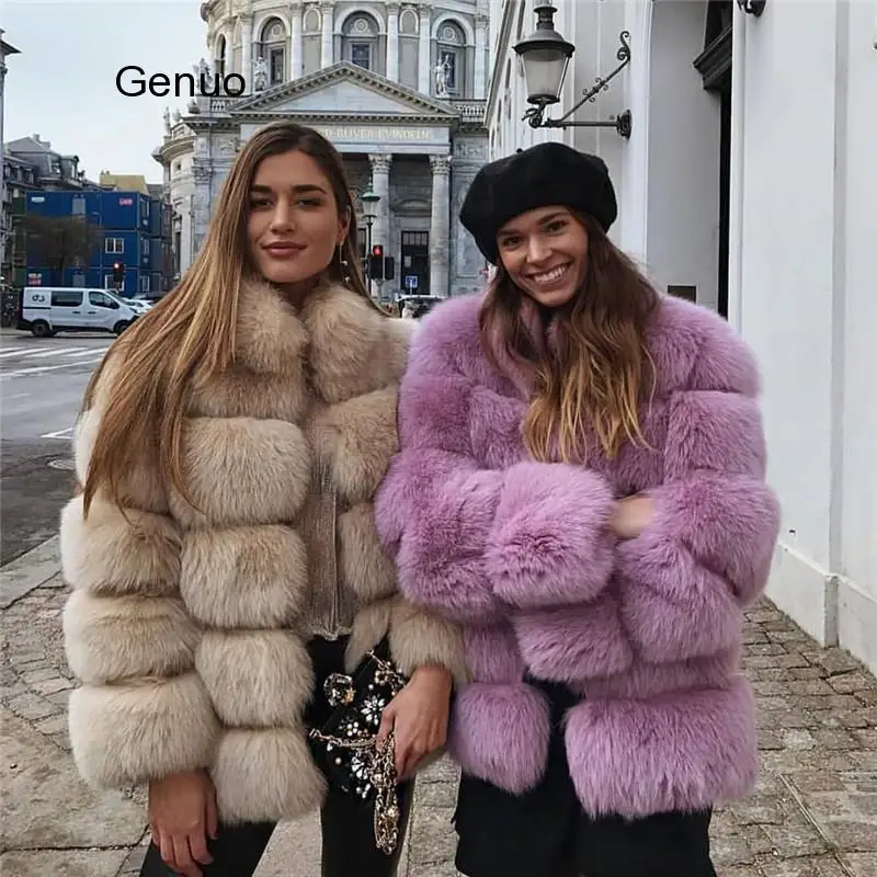 Abrigo de piel sintética de zorro con Cuello de piel para mujer, prendas de vestir de piel de zorro falsa, abrigo cálido, chaqueta de piel esponjosa de lujo para mujer