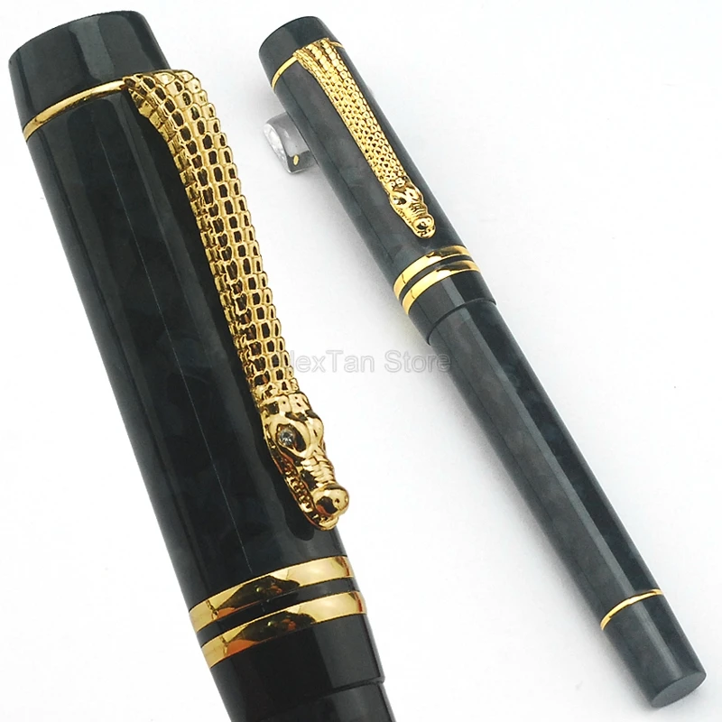 Crocodile Fashion Celluloid Fountain Pen Black Medium Nib 0.7mm Writing Gift Ink Pen, Crocodile Golden Clip For Office / Home