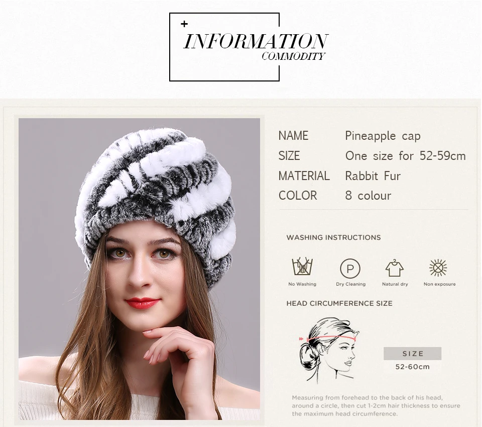 Echt Rex Kaninchen Pelz Hut Elastische Gestrickte Kappe mit Streifen Design Winter Hut für Frauen Damen Herbst Kopfbedeckungen Mode Mädchen bonnets – Detail 2