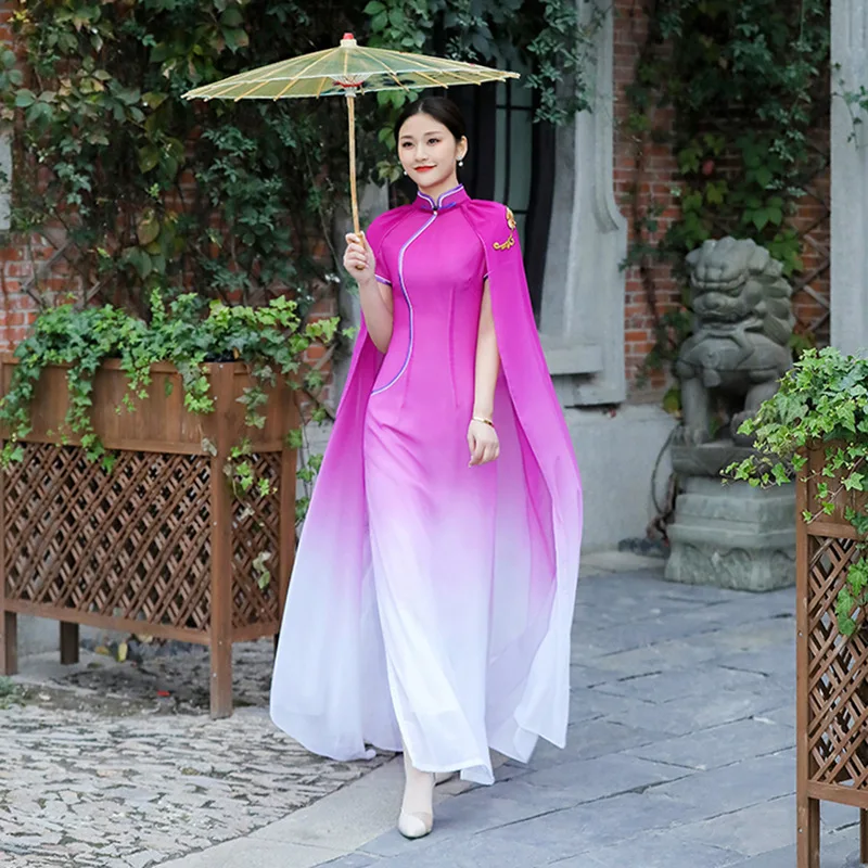 

Purple-white Gradient Satin Chinese Dress Female Long Qipao With Shawl 2PCS Women Elegant Cheongsams Oversize Banquet Vestidos