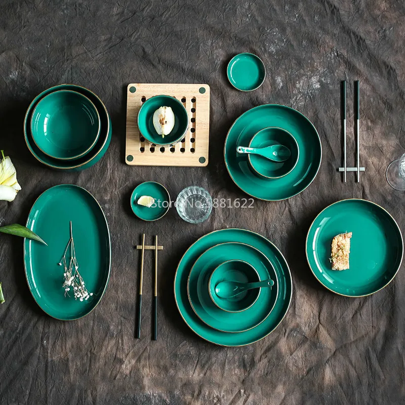 Malachite Green Phnom Penh Tableware Plate Home Dining Dishes Combination Soup Bowl Salad Bowl Nordic Light Luxury Style