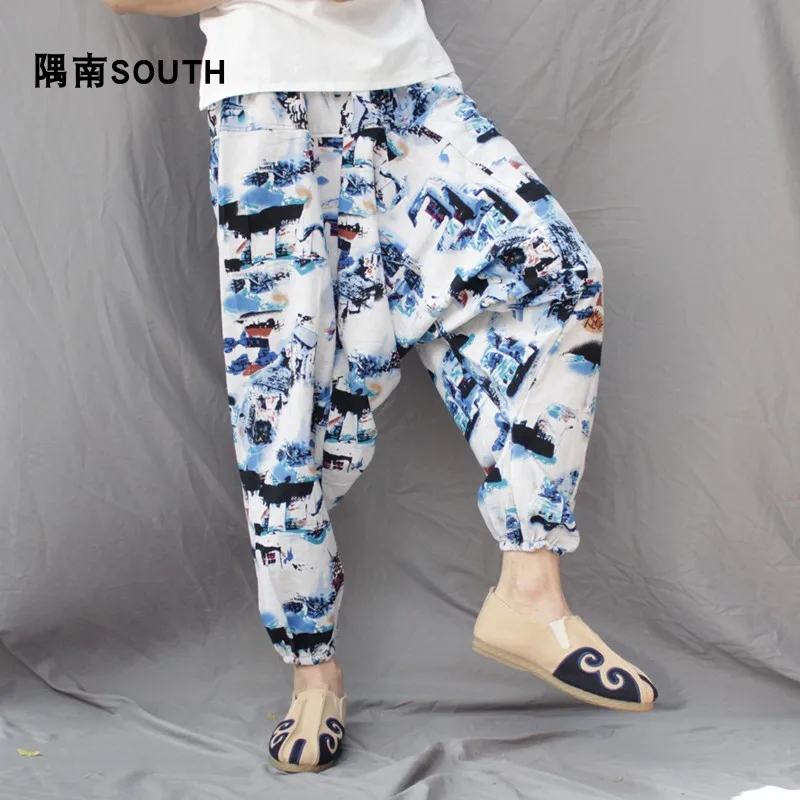 Men Harem Pants Drop Crotch Pockets Joggers Print Nepal Thai Trousers Men Loose Hip Hop Baggy Boho Cotton Linen Wide Leg Pants