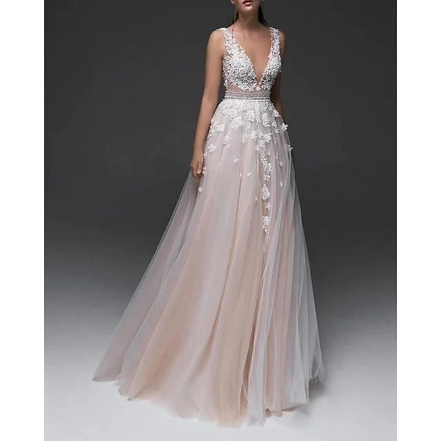 Abiti da sposa senza schienale vedi attraverso abiti da sposa A-Line scollo a v Tulle Appliqued abito da sposa Boho economico Robe De Mariée