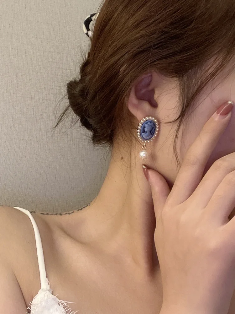 الكورية مزاجه الراتنج الجولة الأزرق حجر كليب على أقراط Quenn رئيس أنيقة الرجعية الفرنسية اللؤلؤ أقراط مشبكية لا ثقب النساء