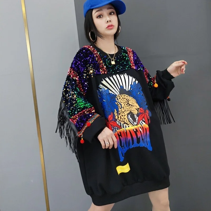 

Sequin Streetwear Tassel Bud Dress 2022 Women Fashion Patchwork Printed Mini Dress Autumn Long Sleeve Loose Fit Casual Dresses