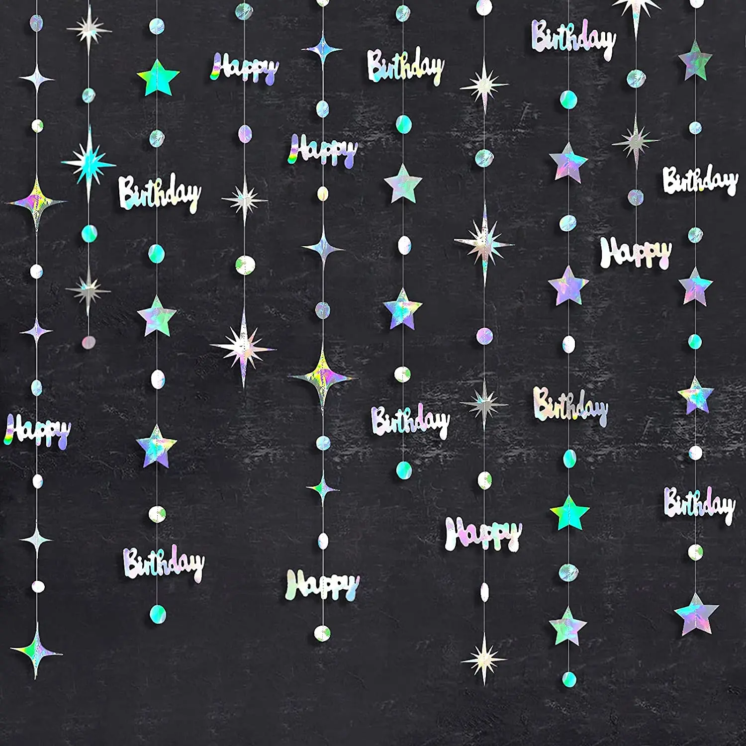 Iridescent Happy Birthday Banner Decorations Paper Circle Dot Twinkle Star Garland Holographic Hanging Streamer Bunting Backdrop