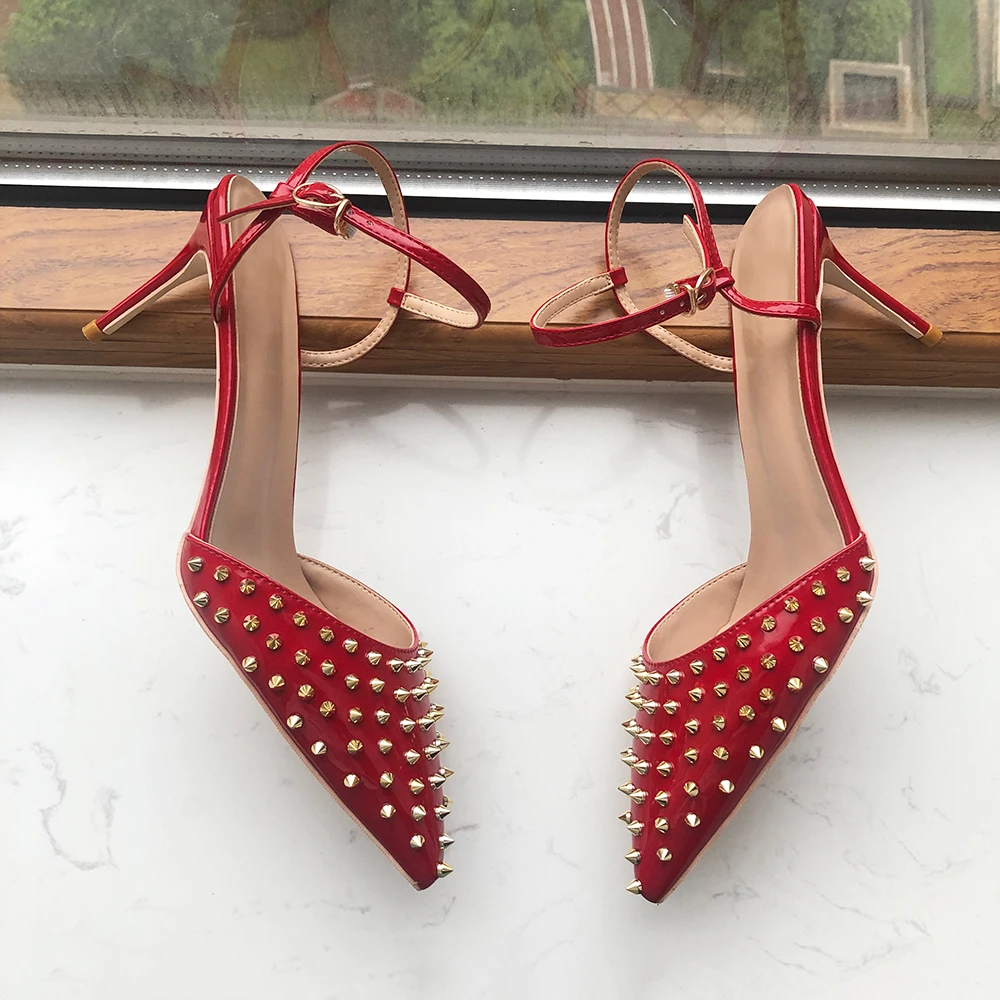 Tikicup Metal Spikes Summer Women Red Pointy Toe High Heel Slingbacks Pumps Ankle Strap Sexy Ladies Stilettos Shoes Customize