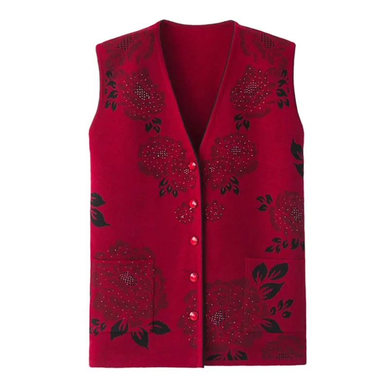 UHYTGF Women vest Fashion flower beaded knitted spring autumn vest waistcoat casual warm women\'s sleeveless jacket Big size 737