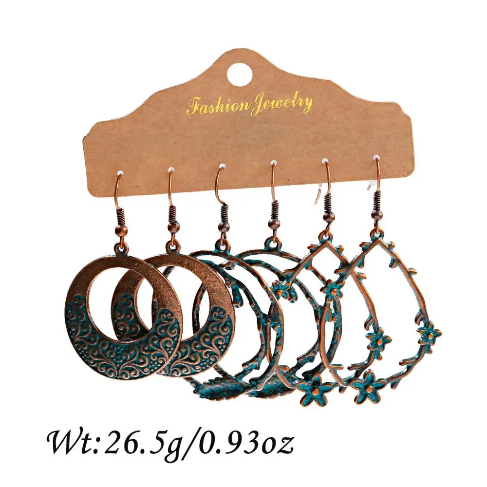 Bohemian Retro Ethnic Style Earrings 3 Piece Set Bronze Color Small Flower Winding Shape Ring Pendant Earrings 2023 Jewelry Gift