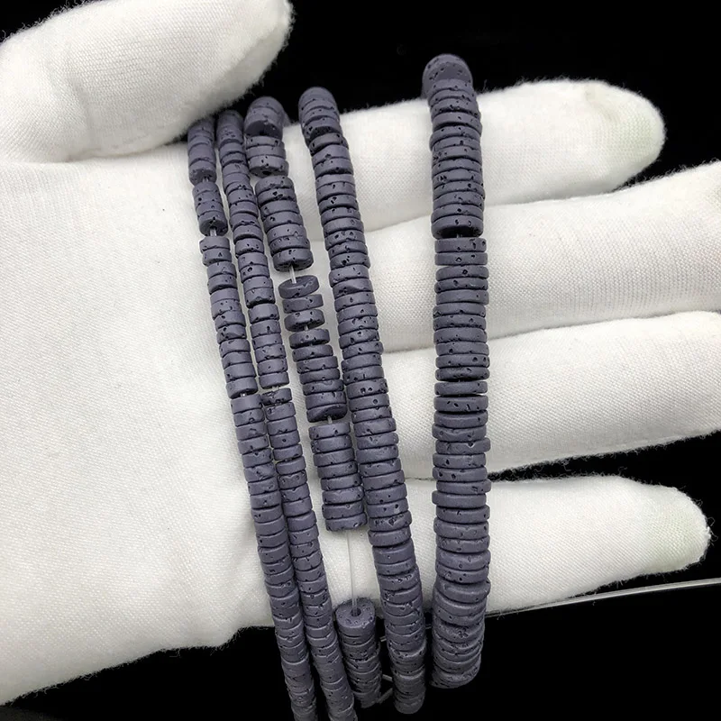 Natural Black Volcanic Lava Stone Beads  4 6 8mm Flat Round Rock Loose Spacer Beadsfor Jewelry Making DIY Bracelets Necklace15\'\'