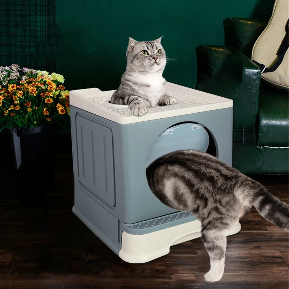 Cat Litter Box Lid Cats Toilet Splash-proof Fully Enclosed Pet Litter Box Cat Supplies with Ergonomic Large Litter Scoop