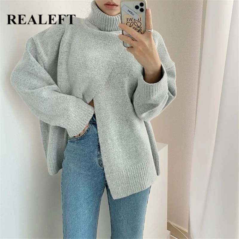 

REALEFT 2021 New Winter Front Cross Knitting Sweaters Pullovers Women Elegant Casual Loose Long Sleeve Turtleneck Tops Female
