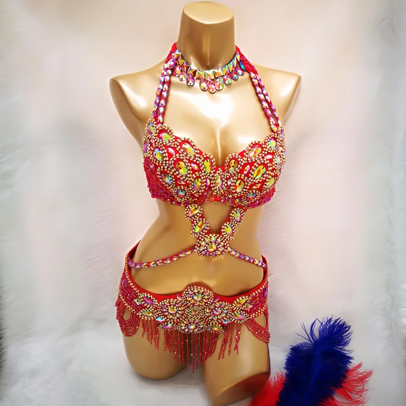 Cristal dança do ventre samba traje usar sutiã + cinto 3pc conjunto sexy feminino gogo biquíni terno bellydance biquinis