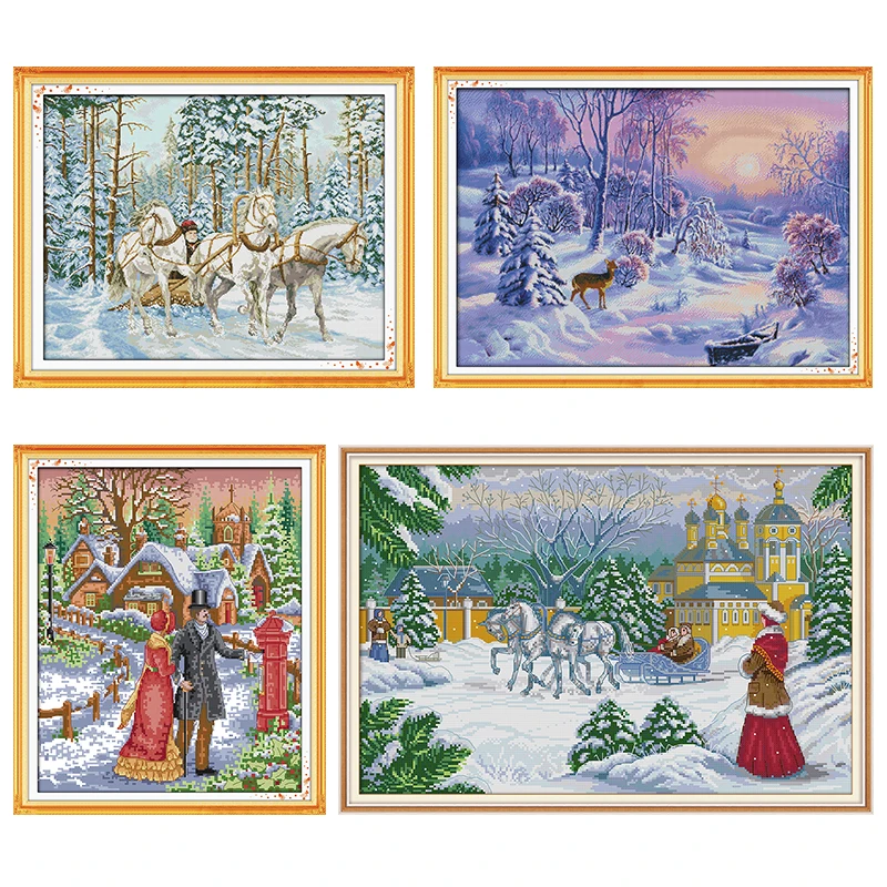 

Walk on The Snow Needlework Fabrics Embroidery Cross Stitch Kits Stamped Patterns Counted 11CT 14CT Printed Handmade Decor Gifts