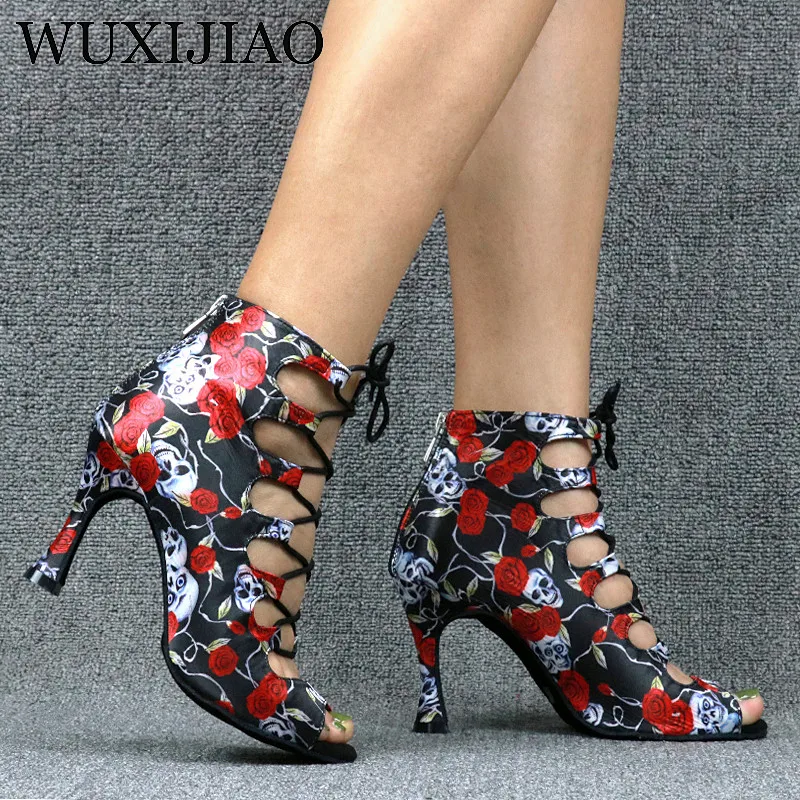 WUXIJIAO-zapatos de baile de salón profesionales para mujer, calzado de baile latino con tacón de 9cm, calavera de Halloween y Salsa