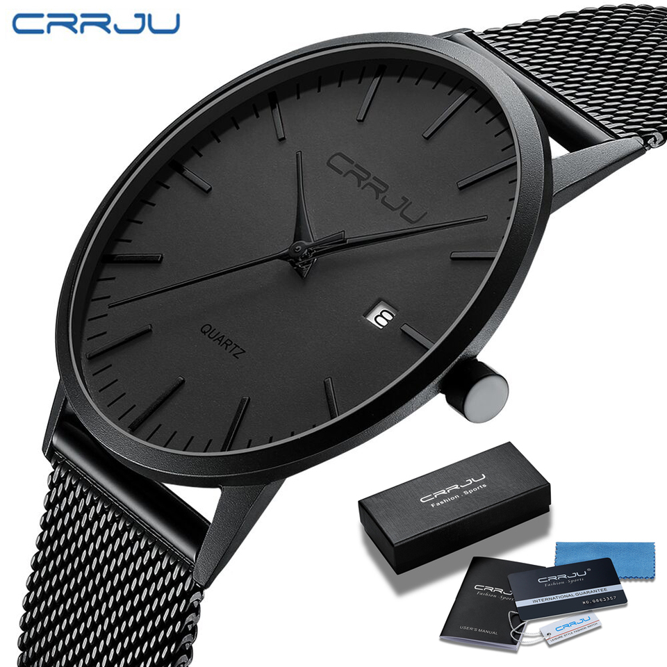  CRRJU Fashion Mens Watches Ultra Thin Quartz Watch Men Casual Slim Mesh Steel Waterproof Sport Watch Black Relogio Masculino 