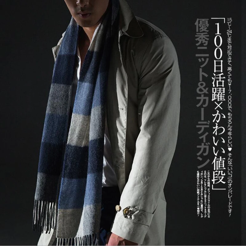 New Winter Blue Plaid Wool Scarf Men Soft Warm Fashion Natural Fabric High Quality Free Shipping