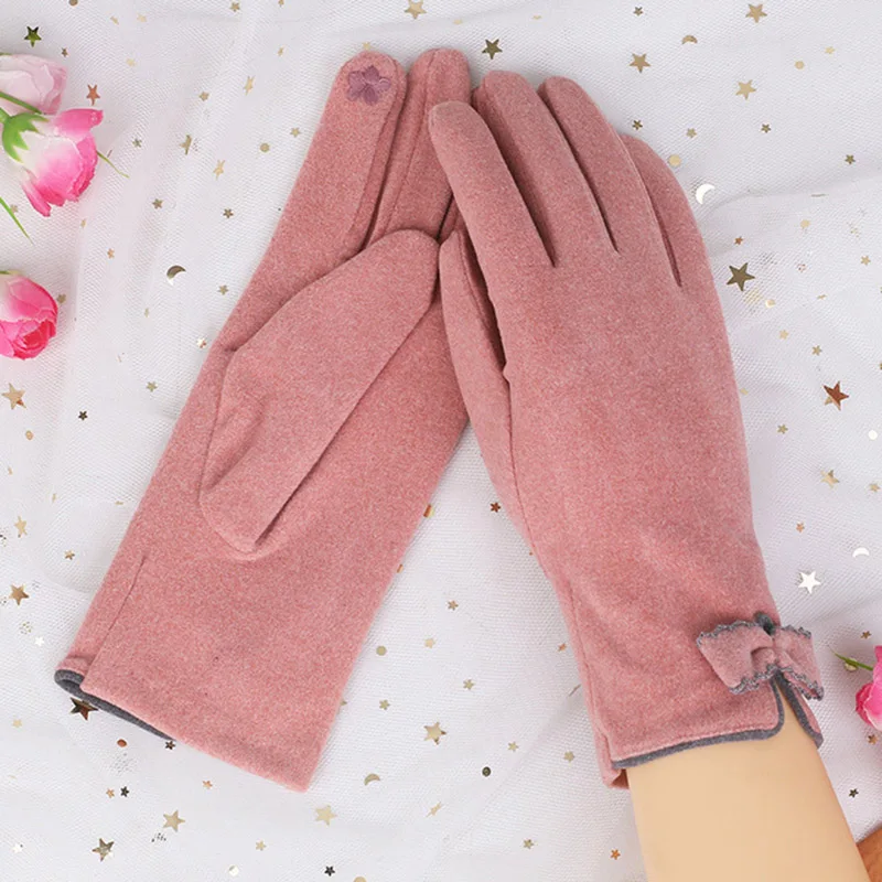 

Female Single Layer Cashmere Bow Full Finger Sports Cycling Warm Mittens Spring Autumn Women Touch Screen Driving Gloves J25