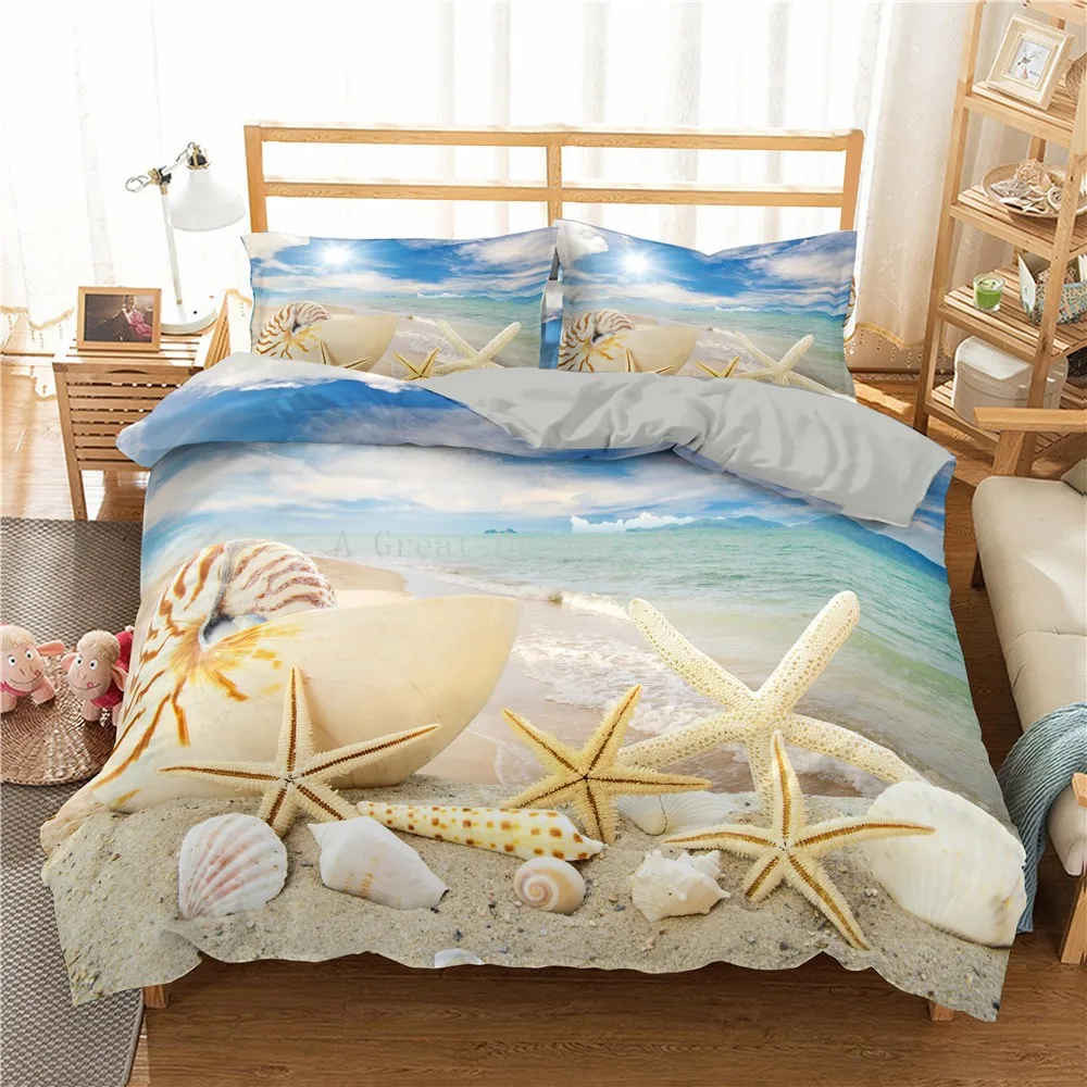 

Blue Starfish Bed Set Ocean Bedding Set Coast Beach Duvet Cover Set Kids Teen Shell Home Textiles Summer Bedspread Quilt Cover