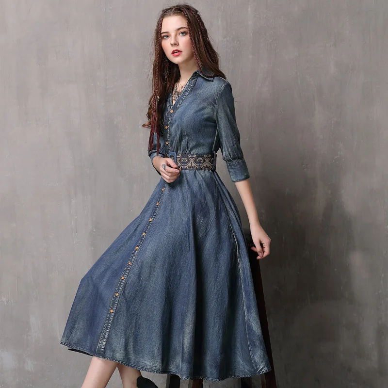 Spring's New Adult Women's Retro Dark Blue Jeanswear V-Neck Midsleeved Embroidery Belt Slimming Denim Dress