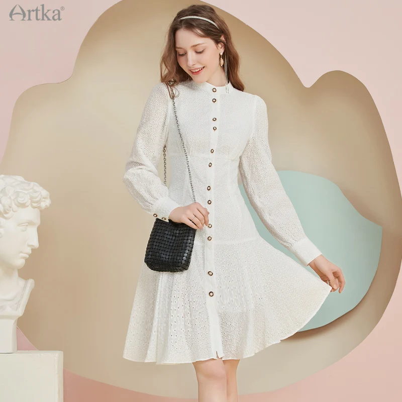 

ARTKA 2022 Spring New Women Dress 100% Cotton Elegant Single-breasted White Dresses Stand Collar Pleated Midi Dress LA20014Q