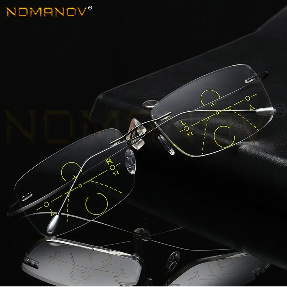 Titanium Frame Ultra Light Anti-fatigue Rimless Progressive Multifocal Reading Glasses Add 75 100 125 150 175 200 225 To 400