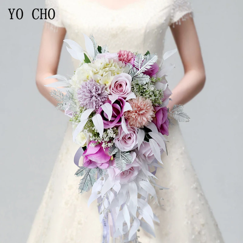 YO CHO Silk Rose Wedding Bride Bouquet Hand Hold Flower Decoration Holiday Party Supply European Waterfall Roses Wedding Bouquet