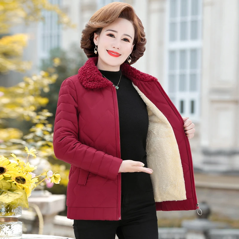 Winter Jacket Women Solid Plus Velvet Cotton Padded Coat  Thicken Short Lamb fur collar Jacket Middle-aged Female