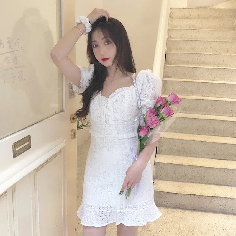 Korean Style Girl Gentle White Dress for Women 2021summer New Sweet Puff Sleeve Lace-up Dress Thin lolita clothes