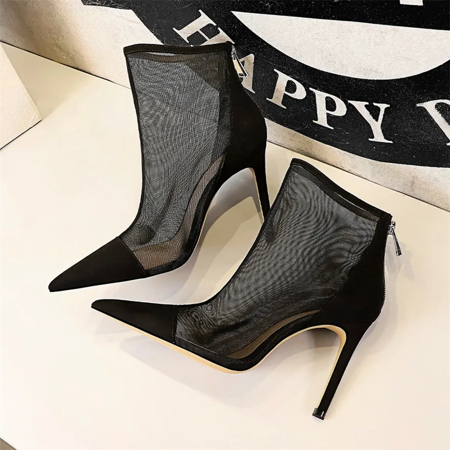 Black Perspective Mesh Sexy Women Boots Autumn Pointy Toe Ladies Breathable Shoes Back Zipper Fashion High Heel Ankle Boot Party