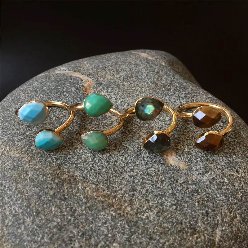 FUWO Amazing Design Double Teardrop Stone Rings Gold Color Plated Natural Crystal Quartz Ring Jewelry Wholesale 5 pieces RG035