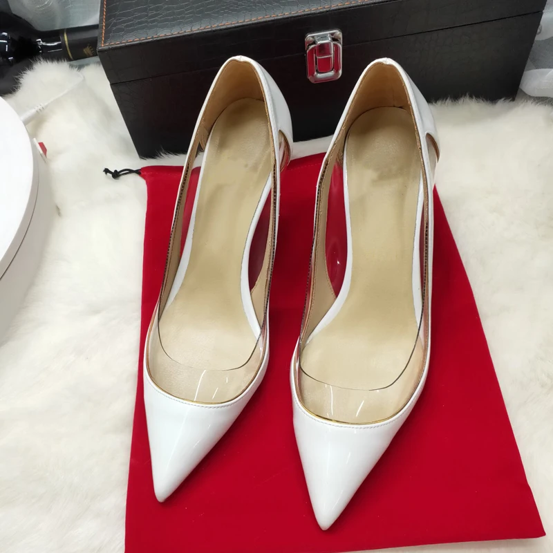 

2020 Spring Patent Leather + PVC Patchwork Sweet Thin High Heels Elegant Women Pump Shoes Party Shoes