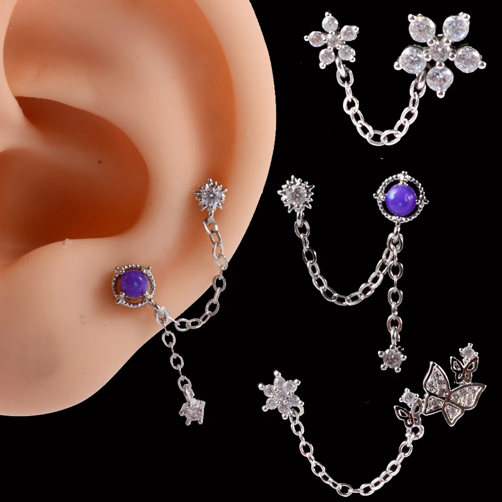 3PCS Steel CZ Gem Ear Tragus Cartilage Piercing Zircon Dangle Chain Earring Conch Ear Lobe Stud Helix Piercing Body  Jewelry