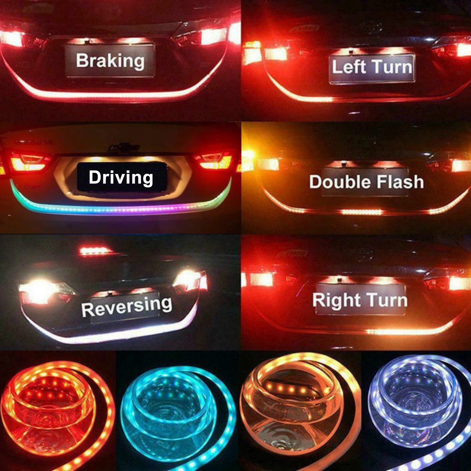 

1.2/1.5m Car Rear Trunk Tail Light Colorful Dynamic Reverse Warning LED Strip 12v Auto Additional Brake Follow Turn Signal Lamp