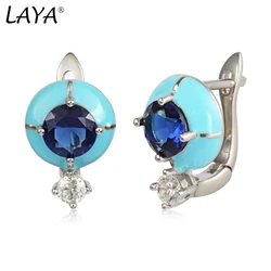 LAYA 925 Sterling Silver Hoop Earrings For Women Bohemian Style Blue Enamel Colorful Stone Fine Original Jewelry 2022 Trend