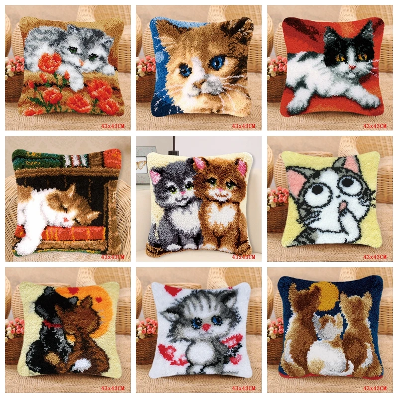 

Smyrna Latch Hook Pillow Cute Cat Carpet Embroidery Do-It-Yourself Carpet Cushion Button Package Latch Hook Rug Kits knoopkussen