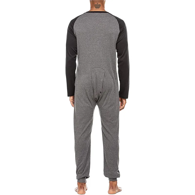 Man Sleepwear Long Sleeve Colorblock Patchwork One Piece Pajamas Casual Homewear Nightgown Male Buttons Up Jumpsuit Nightwear