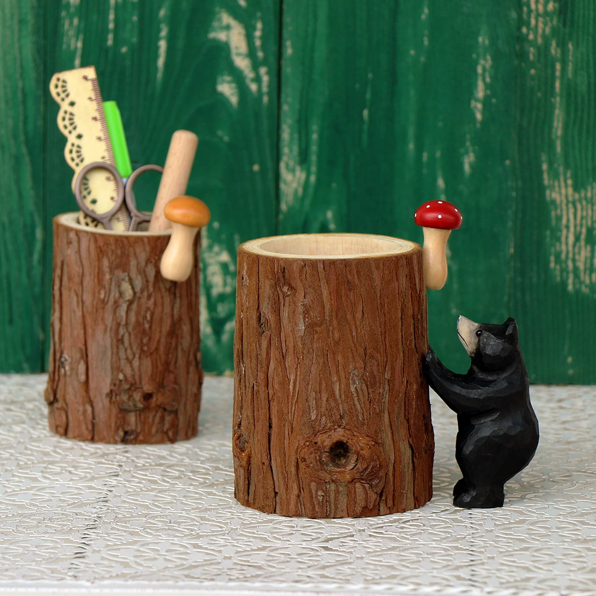 Black bear mushroom pen holder solid wood bark stump cosmetics stationery storage bucket literary decor trash bin gift CL70709