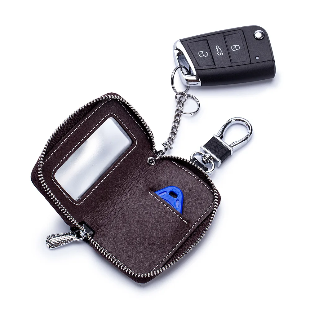 Funda de cuero genuino con cremallera para llaves de coche para hombre y mujer, billetera para colgar en la cintura, soporte para llaves de vehículos de Motor, a la moda, ama de llaves