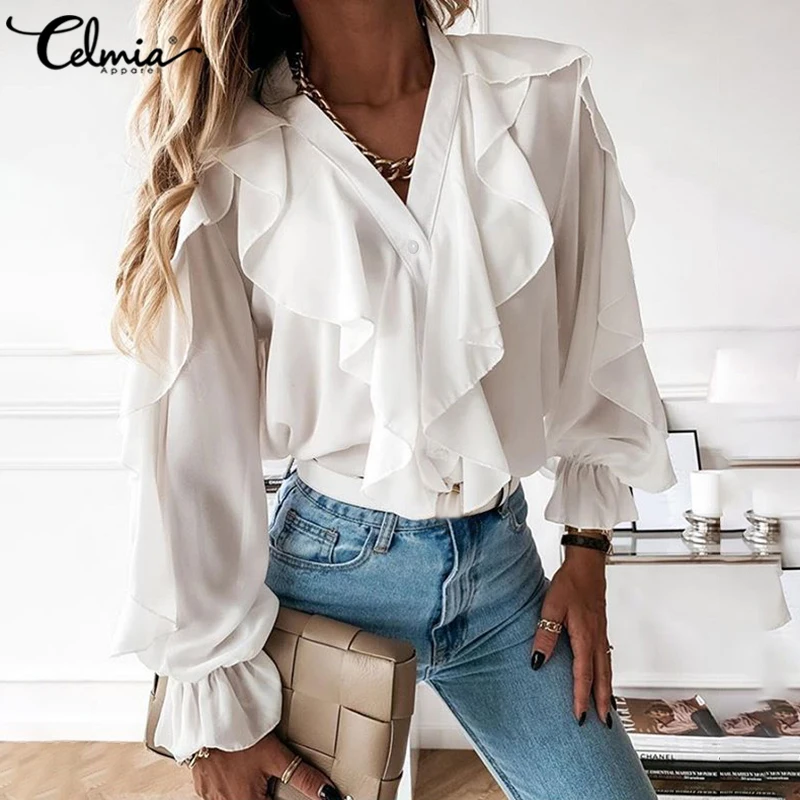 Women\'s Elegant Shirt Celmia Sexy V neck Long Sleeve Casual Ruffles Shirt Button Solid Street Blusas OL Party Tops