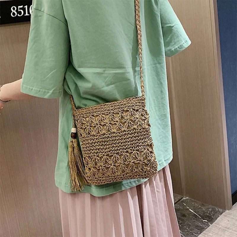 Women Beach Woven Straw Shoulder Messenger Bag with Tassel Boho Hollow Out Crochet Crossbody Handbag Macrame Clutch Purse with