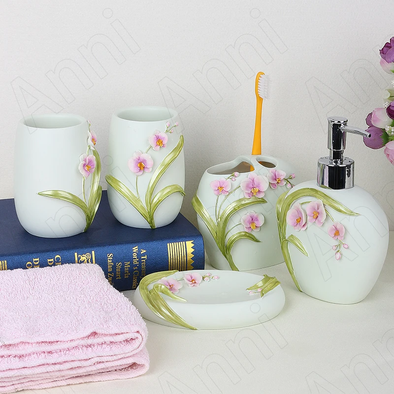 Creative Orchid Resin Bathroom Accessories Chinese Modern Household Toothbrush Cup Five Piece Set Shower Accessories Home Decor